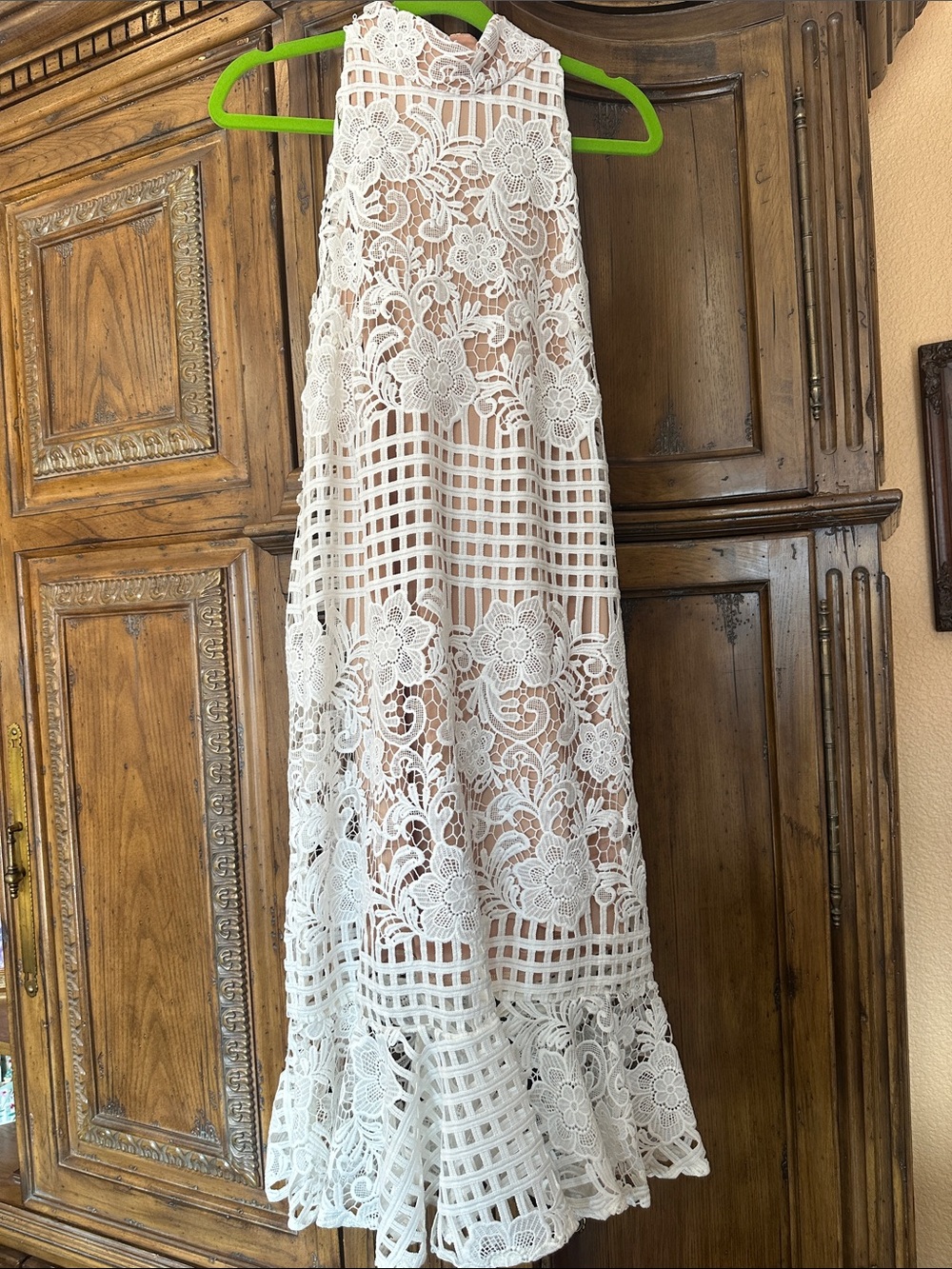 Women's White Lace Midi dress- High-Neck Crochet Floral Design